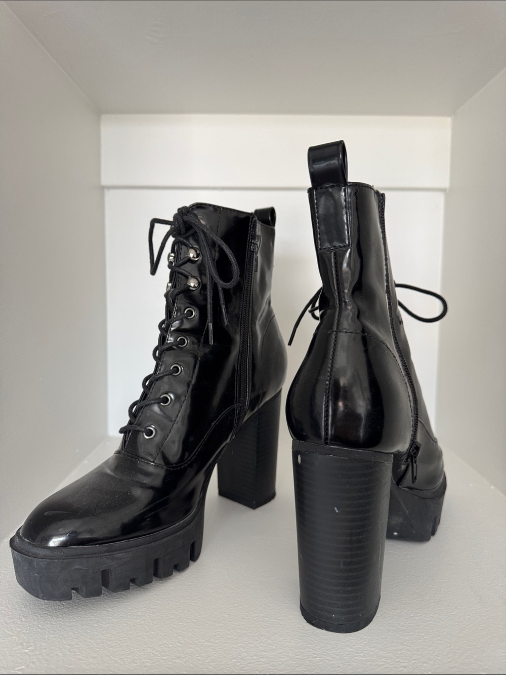 Black Patent Lace-Up Platform Ankle Boots